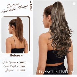 26 Inch Long Layered Ponytail Extension, Drawstring Ponytail for Black Women, Soft Synthetic Wavy Pony Tails Hair Extensions for Daily Use (Color: Deep Almond Brown with Wheat Germ Blonde)