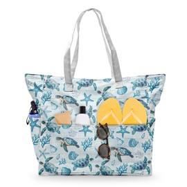 SIOQCKIS Large Beach Bag Waterproof Sandproof Cute Beach Bags for Women Pool Tote Bags with Zipper Summer Swim Bag Foldable Lightweight Gym Outdoor Travel Vacation Essentials Sea Turtle Starfish