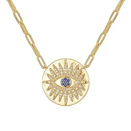 French Runway Azure Gaze: Gold Geometric Coin Blue CZ Evil Eye Necklace - 18k Gold Plated Jewelry, Brass, Cubic Zirconia