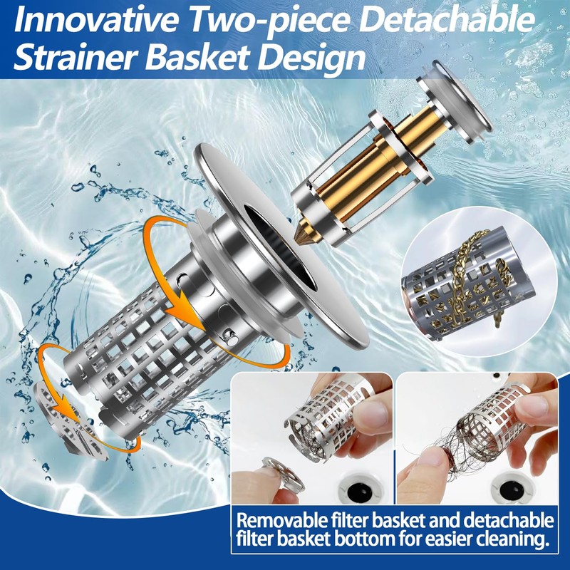 3-in-1 Bathroom Sink Drain Strainer, Stainless Steel Pop-up Strainer Basket