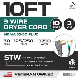 Iron Forge Cable 3 Prong Dryer Extension Cord 10 Ft, 125V/250V Cord NEMA 10-30 Plug SRDT, 10/3 Dryer Cable Flat Head, 30 Amp 3 Wire 10 Foot - Gray