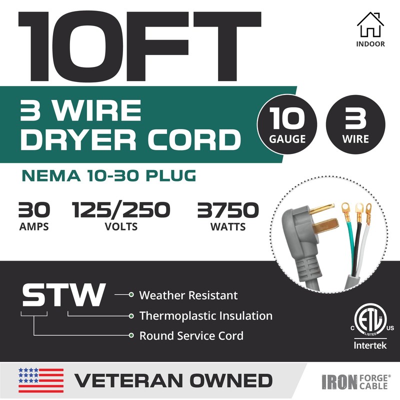Iron Forge Cable 3 Prong Dryer Extension Cord 10 Ft,