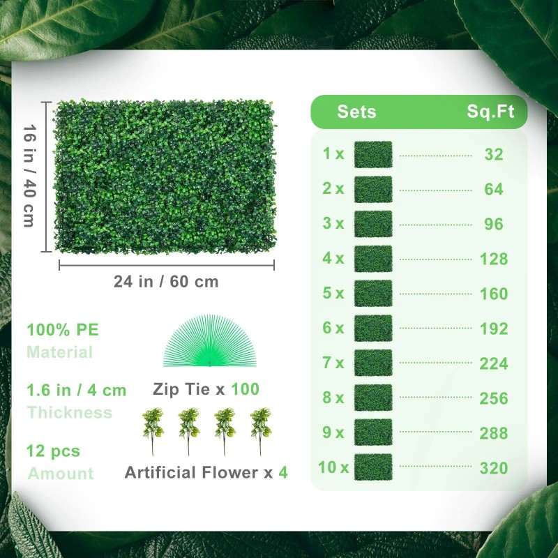 12pcs 24\"x16\" Artificial Boxwood Hedge Wall Panels 32 SQ Feet