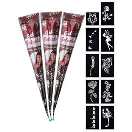 eLander 3 x Temporary Tattoos Natural + 10 x Henna Stencil, Mehndi Tattoos, Cones, Tattoo (Brown)