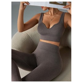 SHENHE Women's 2 Piece Workout Sets Seamless V Neck Gym Solid Color Sport Active Set Coffee Brown Small