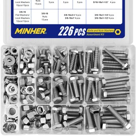 MINHER 226PCS Heavy Duty Bolts and Nuts Kit 304 Stainless Steel(18-8) 1/4-20 5/16-18 3/8-16 Hex Screws Nuts & Washers kit,Includes 14 Regular Sizes