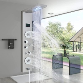 FUZ Stainless Steel 6 Functions Shower Panel Tower LED Rainfall Massage System Jets