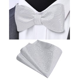 Gusleson White Self Tied Bow Tie Mens Silk Paisley Bow tie Pocket Square Set for Wedding (UK0652-02)