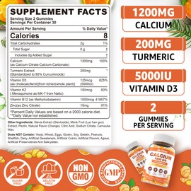 Nextdia Calcium 1200 mg with Vitamin D3 Gummies - Calcium + Turmeric Supplement for Women and Men with Vitamin K2 B12 - Support Bone & Muscle - Sugar Free - Vegan (120 Count)