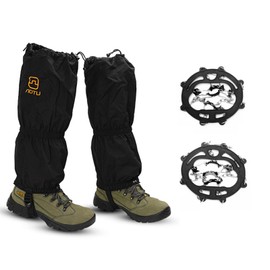 Rofawee Crampons and Leg Gaiters Set,Non-Slip Ice Cleats and Waterproof Gaiters for Outdoor Hiking Trekking Mountaineering On Ice Snow