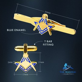 The Masonic Collection - Square & Compass Cufflinks & Tieslide Set for Men - Gold Plated - Blue Coating - Comes in Velvet Pouch - Quality Freemason Gifts for Men