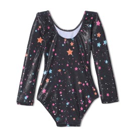 TENVDA Gymnastics Leotards for Girls 4t Shiny Five Star Printed Long Sleeve Activewear Bodysuits 3-4 Years Old Kids Sport Acro Dance Class Practice Dancewear