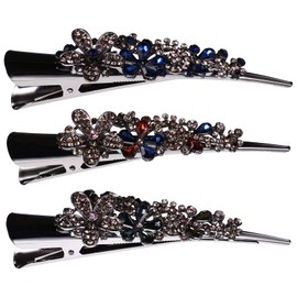 KALLORY 3pcs Alligator Hair Clips Rhinestone Flower Duckbill Clips Metal Hair Barrettes with Teeth for Women Hair Jewelry Accessories