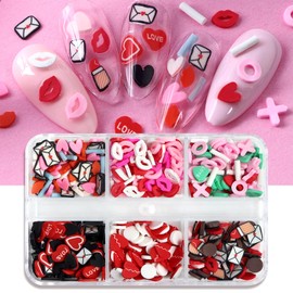Tyuimhx 6 Grids Valentine's Day Nail Art Slices Love Heart Red Lips Designs Valentines Nail Charms 3D Colorful Clay Slices Mini Slices for DIY Crafts,Nail Art and Cellphone Decorations Accessories