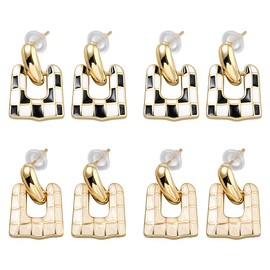 GOMAKERER 4 Pairs 2 Colors Checkered Earrings for Women, Vintage Black and White Checkered Dangle Earrings Geometric Rectangle U-shaped Earring for Women