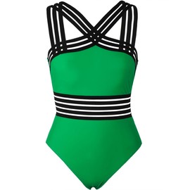 Hilor Women's One Piece Swimwear Front Crossover Swimsuits Hollow Bathing Suits Monokinis Green M/US8-10
