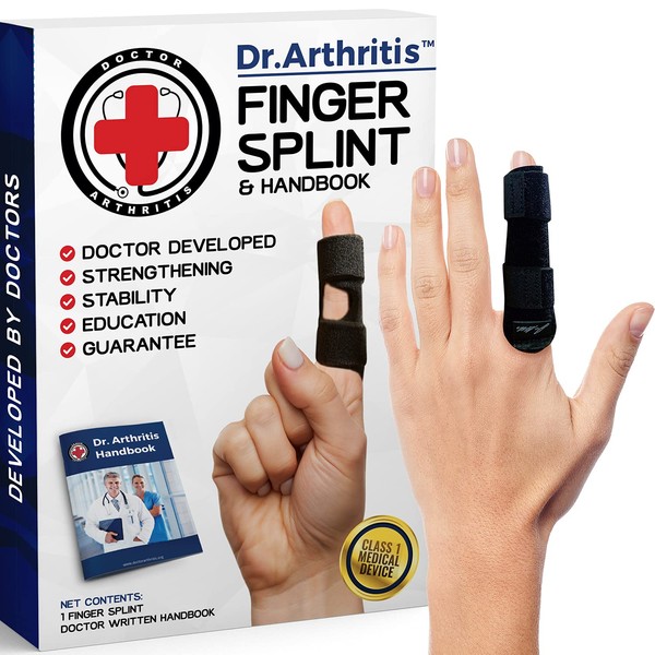 Dr. Arthritis Doctor Developed Finger Splint and Handbook [1-Piece] Trigger Finger Brace - Braces, Splints & Supports Index, Middle, Ring & Pinky Finger - Padded Finger Splints for Straightening Black, S/M