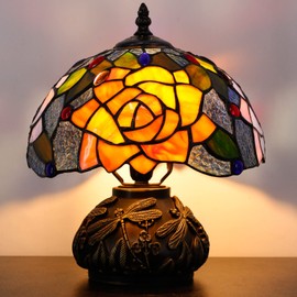 Small Tiffany Table Lamp Yellow Purple Rose Style Stained Glass Desk Lamp 10X11.5 Inch Mushroom Table Light for Office Home Living Room Bedroom