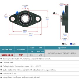 XIKE 2 Pcs UCFL205-14 Bore 7/8" Pillow Block Flange Mounted Ball Bearings, Solid Cast Iron Base and Self Aligning Chrome Steel Sealed Bearings.