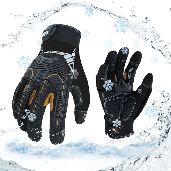 Vgo... 1-Pair 32°F Waterproof High-Dexterity Heavy-Duty Winter Mechanic Gloves, Impact & Vibration Reduction (Size L, Black&Gold, SL8849FW)