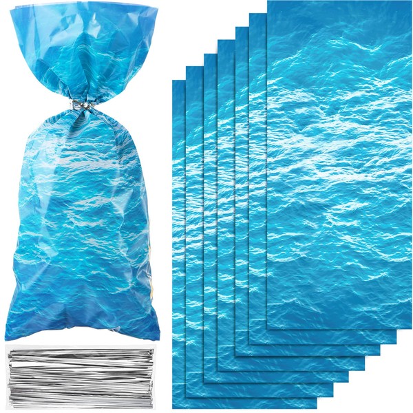 100 Pieces Ocean Waves Cellophane Treat Bags Under the Sea Blue Ocean Party Goodie Candy Bag with 100 Twist Ties for Beach Pool Birthday Summer Mermaid Party Decoration Baby Shower Supplies