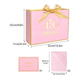 12.6" Pink 13th Birthday Gift Bag with Tissue Paper and Cards - 12.6× 9.84× 4.33 Inches 13 Year Old Gift Bag for Girls