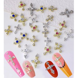 Crystal Cross Nail Charms - y2k Gems Nail Cross Charms - Gold & Silver Crystal Cross Nail Art, 3D Gems Cross Nail Charms for DIY Designs Supplies