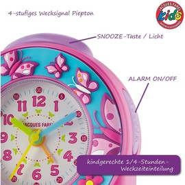 JACQUES FAREL Kinderwecker Lernwecker Mädchen 3D Schmetterlinge und Blumen Pink Türkis Analog Quarz ohne Ticken mit Licht und Snooze Alarm ACW 69