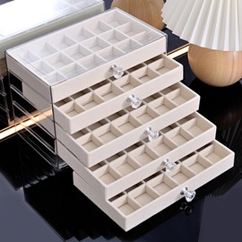 SPAKOWN Earring Box Holder Organizer Display Case, Clear Velvet Jewelry Storage Tray Organizer for Earring Ring Stud (Beige - 5 Drawers)