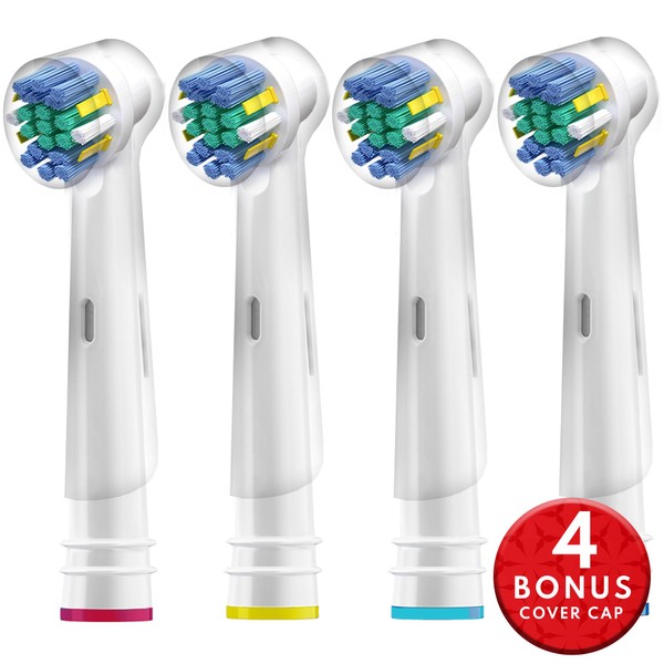 Replacement Brush Heads Compatible with Oral B Floss Action, Oral-B Braun 4 Pack + 4 Bonus Cover Cap. Compatible w/Vitality Floss Action, Oral-B 7000, 9000, Pro 1000, Kids