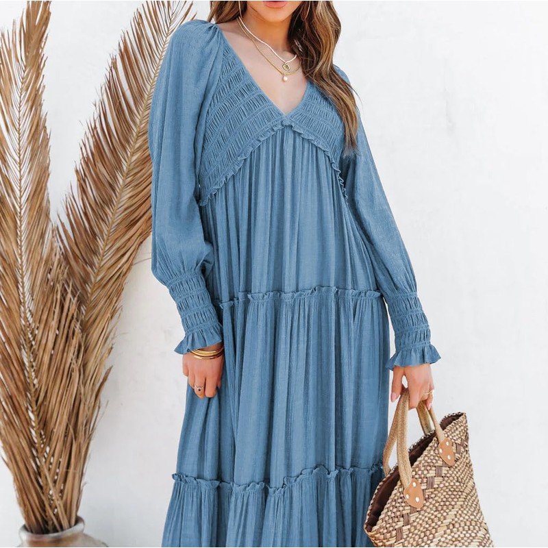 R.Vivimos Maxi Dress for Women Long Sleeve V Neck Empire