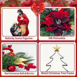 Nativity LED Christmas Tree Tabletop Centerpiece, Christmas Nativity Scene Decoration with LED Lights for Home Indoor and Outdoor Display (Red)