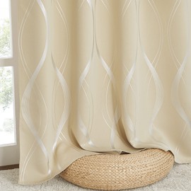 NICETOWN Room Darkening Curtains for Bedroom, Noise Reducing Thermal Insulated Wave Line Foil Print Design Blackout Curtains for Patio Sliding Glass Door (2 Panels, 34 x 84 Inch, Biscotti Beige)