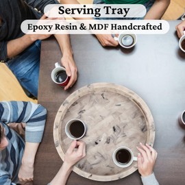 Round Serving Tray 12 Inches | MDF with Epoxy Resin Inlay | Decorative Tray with Handles for Easy Carrying | Multipurpose Use for Serving & Home Decor