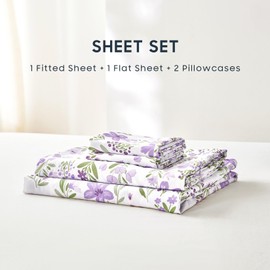 Wake In Cloud - Floral Bed Sheets, 4-Piece Sheet Set, Shabby Chic Flower Pattern Printed Coquette Cottagecore Vintage Aesthetic Bedding, Deep Pocket, Purple White, Full Size