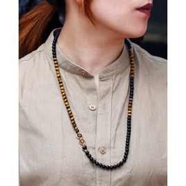 Jewboo Necklace - Long Sweater Chain, Tiger Eye, Black Stone Necklace, Healing Crystal, Over Head Type, Good Luck, Amulet, Present, Accessory (6mm), tiger's eye
