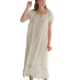 SINGINGQUEEN Womens' Cotton Nightgown Nightshirt Ladies Victorian Sleepwear Dress Gown Pajamas Lounger (White, Large)