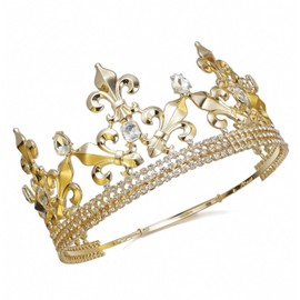 Full King Metal Crown Austrian Rhinestone Imperial Medieval Renaissance Fleur De Lis C188G (Gold Color)