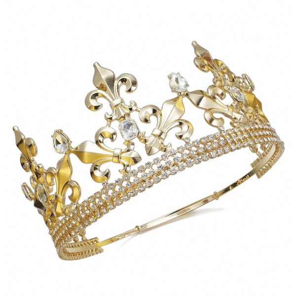 Full King Metal Crown Austrian Rhinestone Imperial Medieval Renaissance Fleur De Lis C188G (Gold Color)