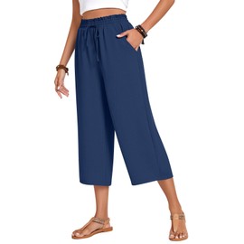 Anyhold Womens Capri Pants Loose High Waisted Wide Leg Lounge Pants Drawstring Casual Palazzo Trousers with Pockets Large, Navy