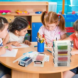 OGANAZI 12 PCS Clear Plastic Crayon Boxes with Snap Lids, Small Crayon Storage Box Stackable Crayon Container Box Multipurpose Mini Storage Container for Crayons, Chalks, Paper Clips and More