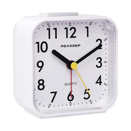 Peakeep Small Battery Operated Analog Travel Alarm Clock Silent No Ticking, Lighted on Demand and Snooze, Beep Sounds, Gentle Wake, Ascending Alarm, Easy Set (White)
