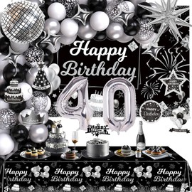 Miidenks 40th Birthday Decorations Set for Man Women,Black Silver Happy 40 Birthday Party Supplies with Birthday Backdrop Banner Birthday Tablecloth 40 Number Balloons for Her Him