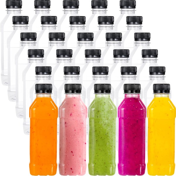 WUWEOT 30 Pack 300ml Plastic Juice Bottle, Clear Empty Milk Bottles, Reusable Bulk Beverage Containers with Tamper Evident Caps Lids