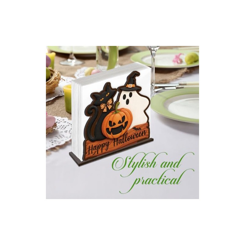 Halloween Napkin Holder, Black Cat Ghost Pumpkin Wood Napkin Holders