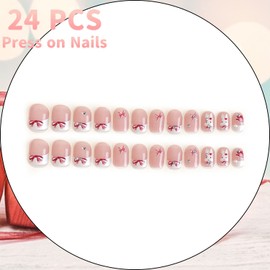 Easter Press on Nails Short Square Fake Nails, French Tip Press on Nails Pink with Cute Rabbit Design Easter Acrylic Nails Full Cover False Nails Easter Nail Art Decoration for Women 24Pcs
