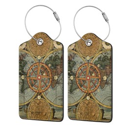 Nautical Compass Luggage Tags for Suitcases Set of 2 Leather Stainless Steel Loop Label Tag for Travel Bag