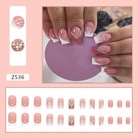 24Pcs Glossy White Press on Nails Square Short Full Cover Artificial French Tips Fake Nails with Line Rhinestone Designs Acrylic Coffin False Nails with Glue Stick on Nails for Women Girls