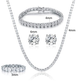 Gemsme 18K White Gold Plated Tennis Necklace/Bracelet/Earrings/Band Ring Sets Hypoallergenic Jewelry Pack of 4 (8)