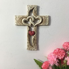 Carved Wood Color Cross, 3D Intertwined Hearts Hanging Sculpture, Resin Love Cross